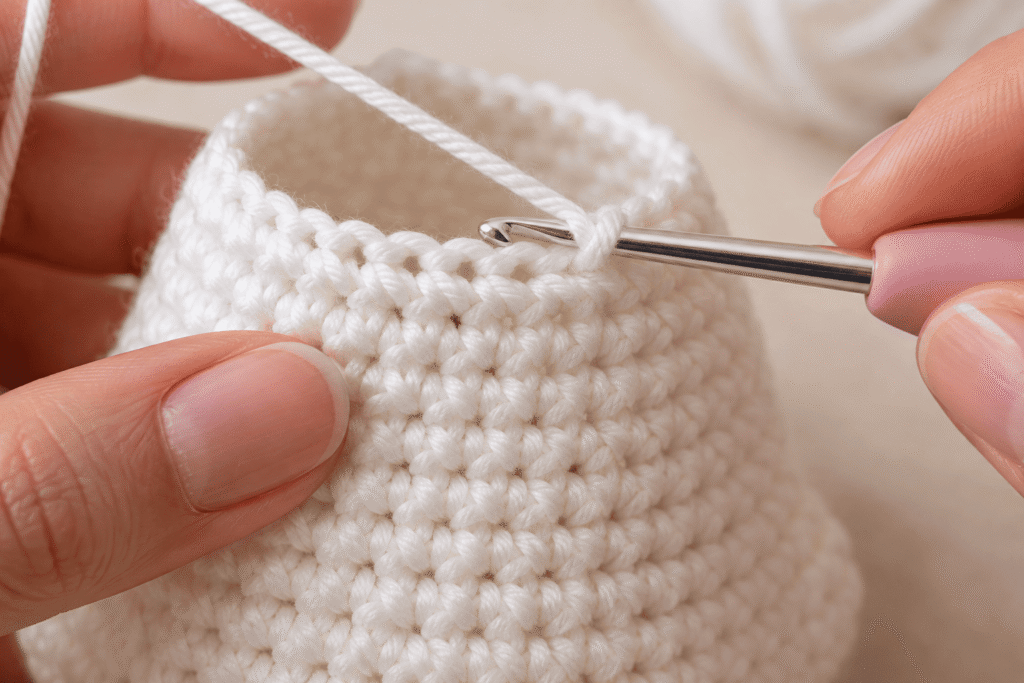 Close-up of white crochet stitches showing the back loops used to shape the ghost amigurumi before adding the ruffle.