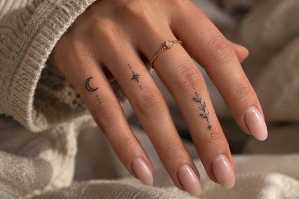 Minimalist witchy finger tattoos with tiny moons, stars and fine-line symbols