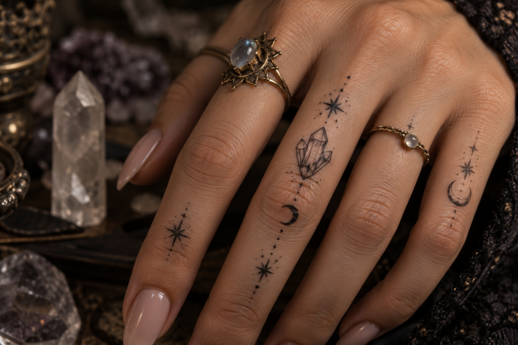 Minimalist crystal finger tattoo surrounded by tiny mystical symbols