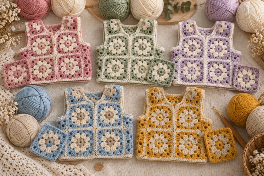 Crochet baby vest color combinations with granny squares