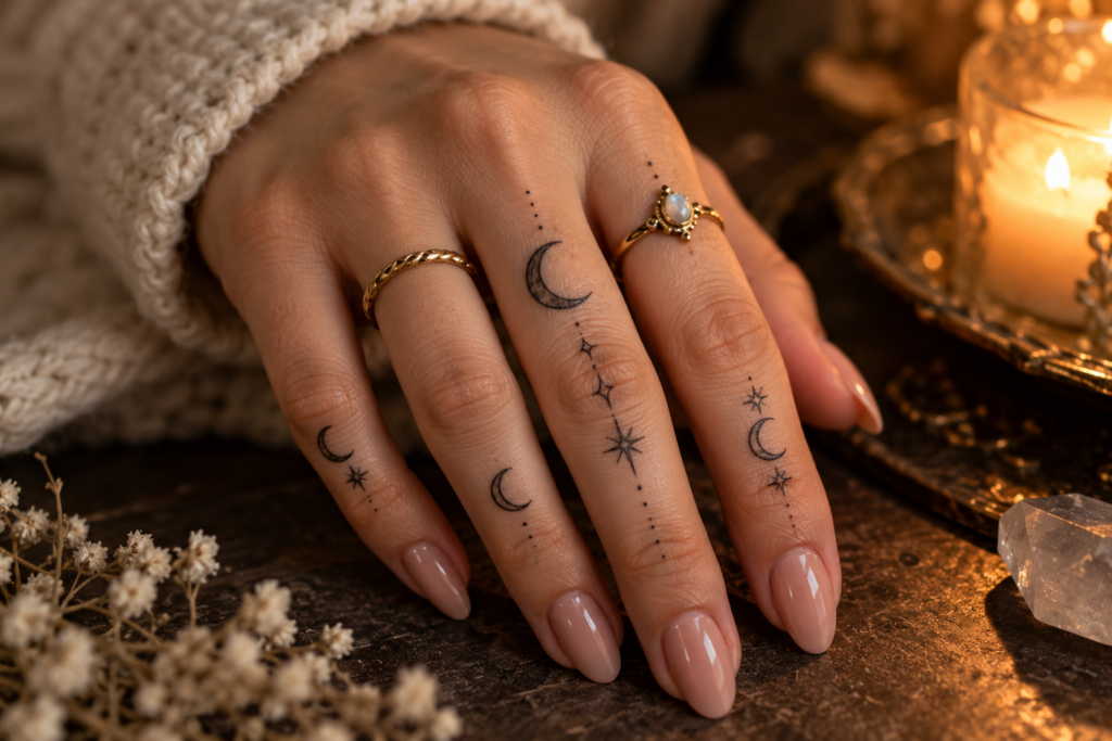 Delicate crescent moon finger tattoos with tiny stars and celestial details