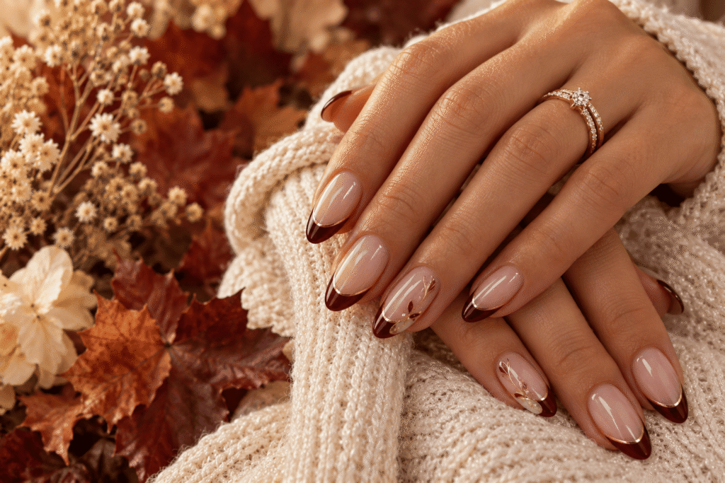 Nude almond bridal nails with chocolate-brown French tips and delicate gold accents.