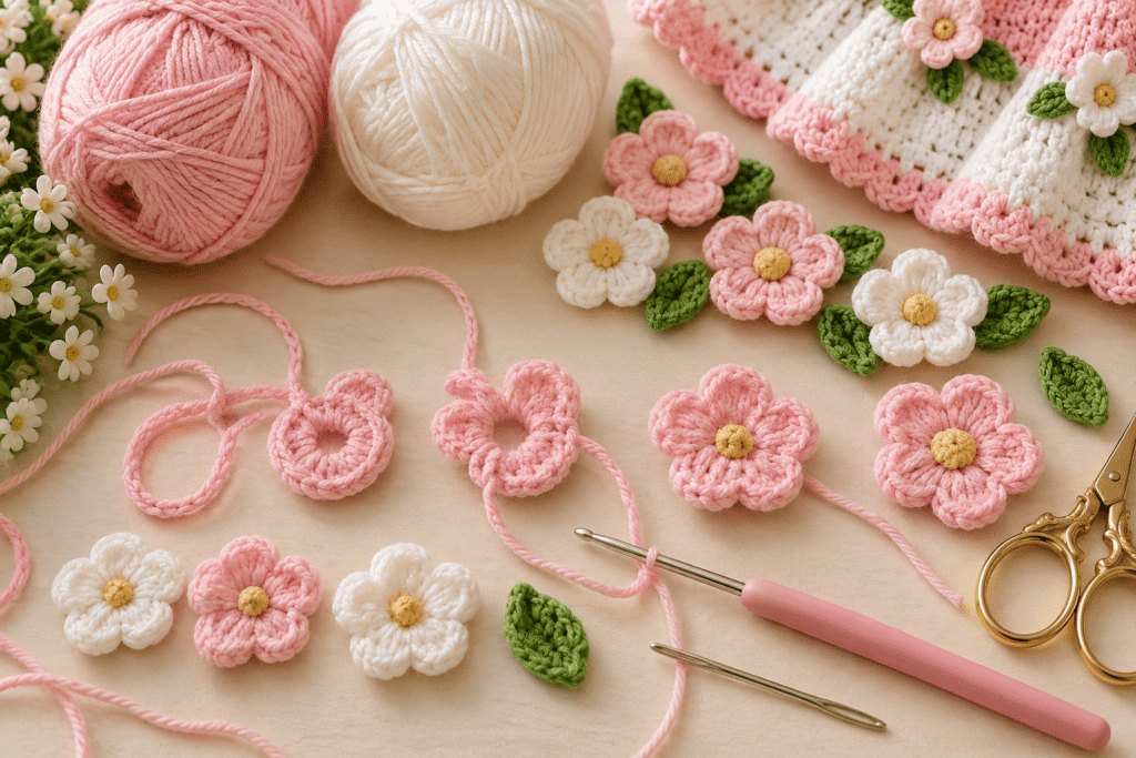 Pink and white crochet flowers made for a baby dress hem