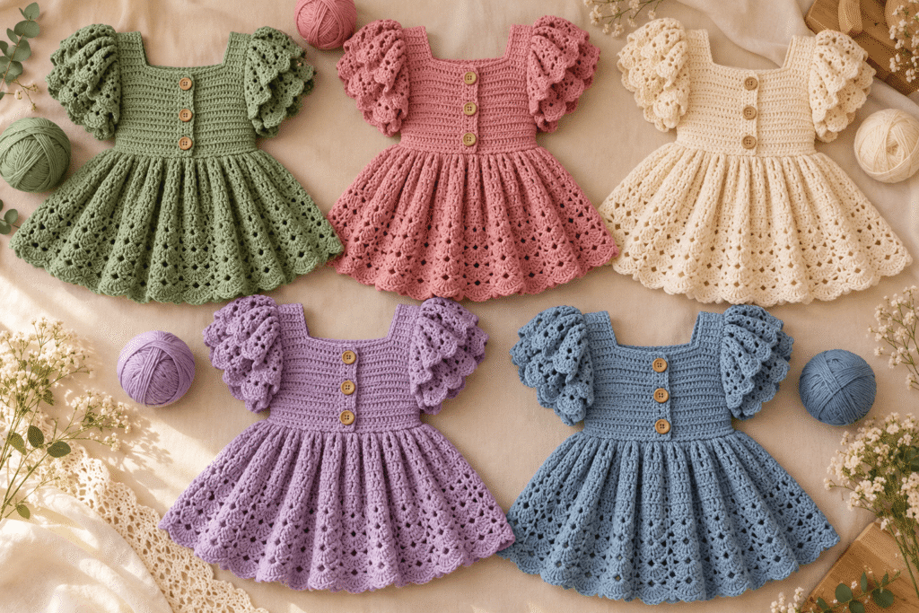 Crochet girl dress in sage green, pink, cream, lavender and blue