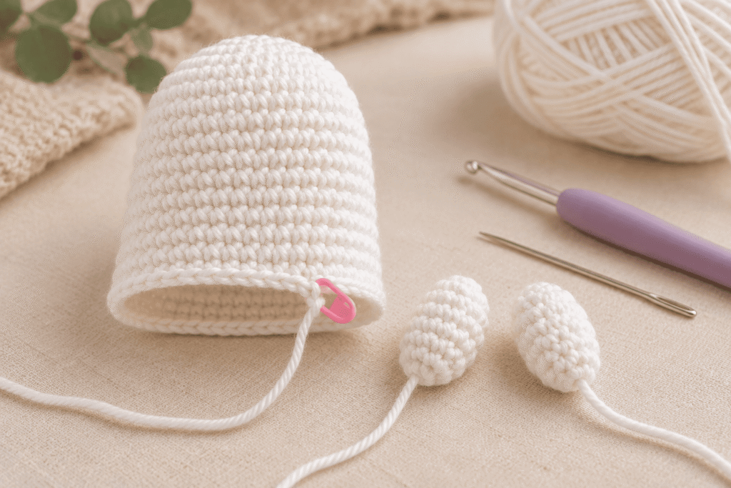 Two small white crocheted arms beside the unfinished body of a ghost amigurumi.