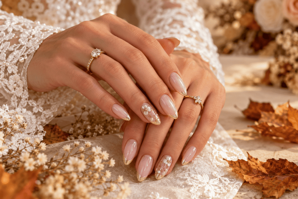 Almond bridal nails with champagne gold French tips and a soft nude base for an October wedding.