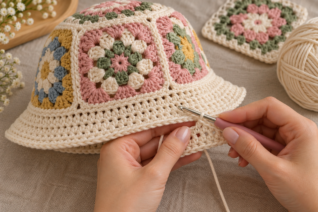 Hands crocheting the widening brim of a granny square bucket hat