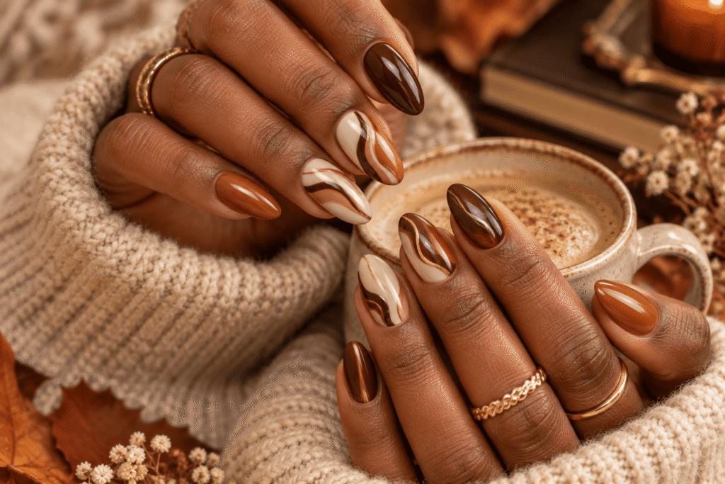 Caramel, mocha and chocolate swirl nails on dark skin
