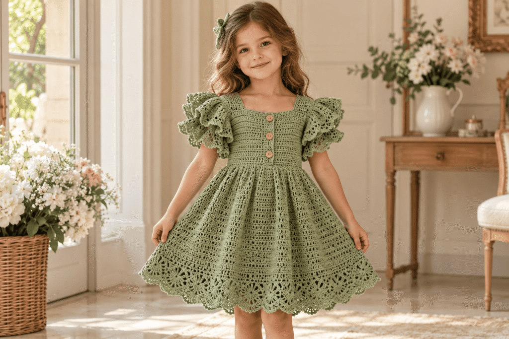 Front view of a sage green crochet dress with puff sleeves and buttons