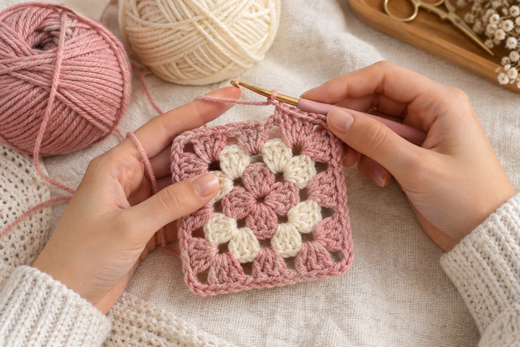 Crocheting the rounds of a pink and cream granny square