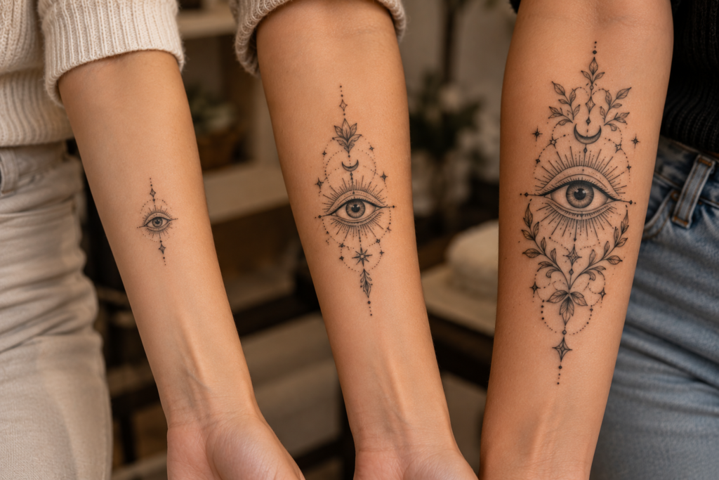 Comparison of small medium and large evil eye tattoo designs