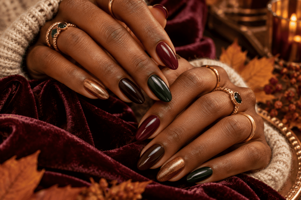 Burgundy, plum, emerald and brown jewel-tone fall nails on dark skin