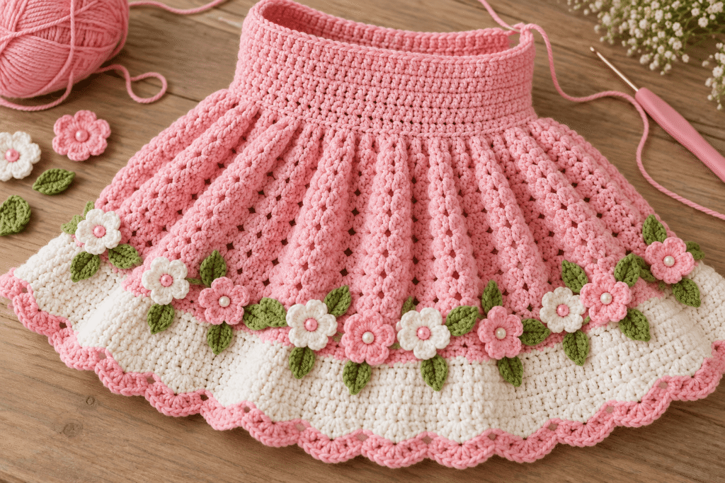 Flared pink crochet skirt being made for a baby dress