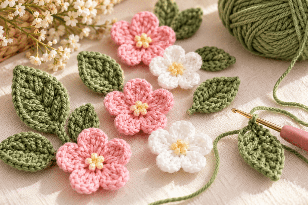 Green crochet leaves for decorating a pink baby dress