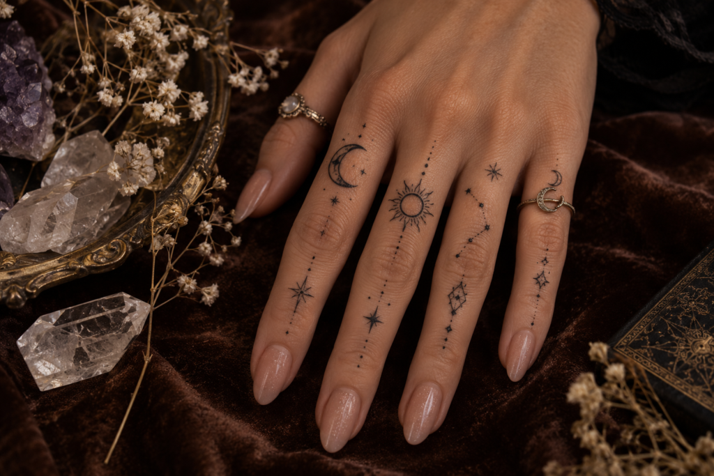 Celestial finger tattoos with moon, sun, stars and constellation-inspired details