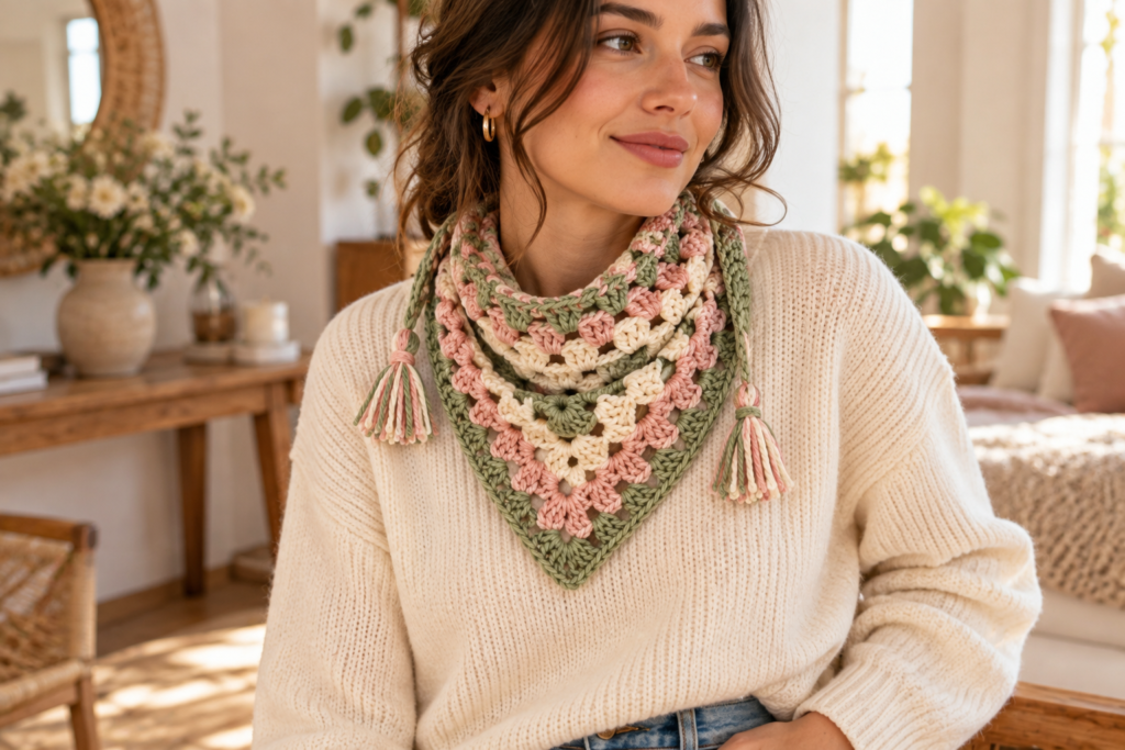 Woman wearing a blush and cream granny square crochet bandana