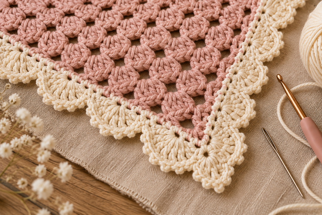Close-up of a scalloped crochet border on a granny triangle bandana