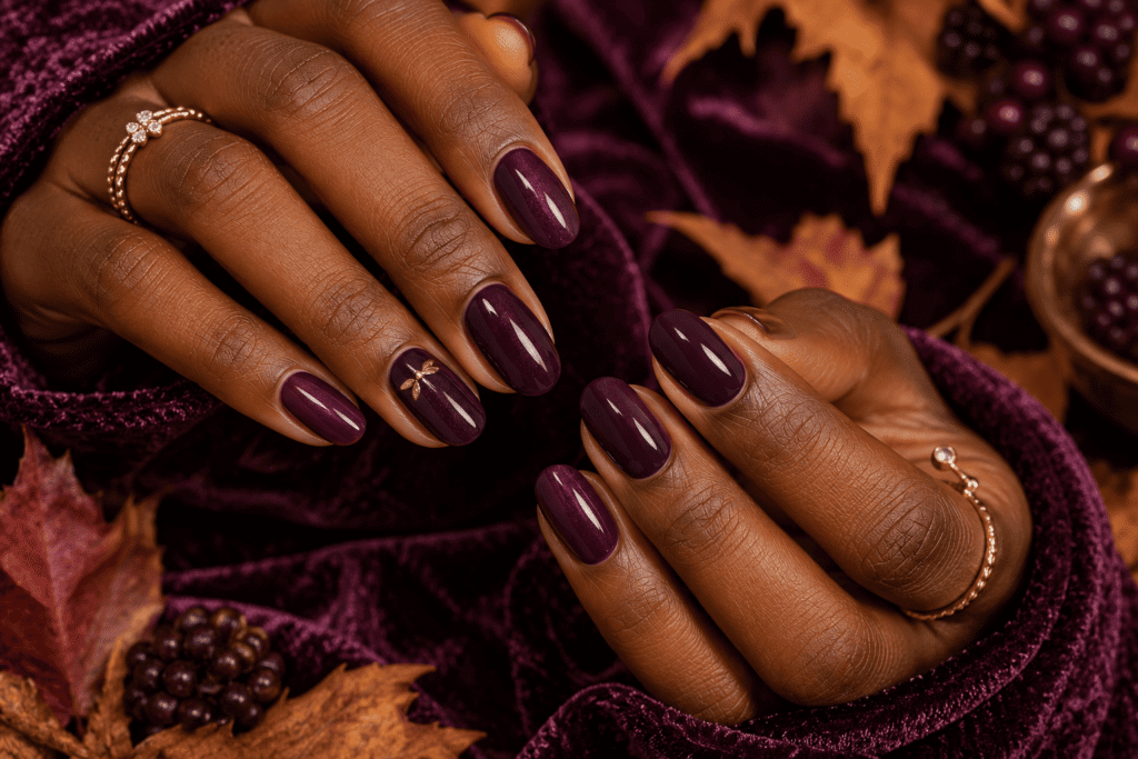 Glossy deep plum fall manicure on dark skin