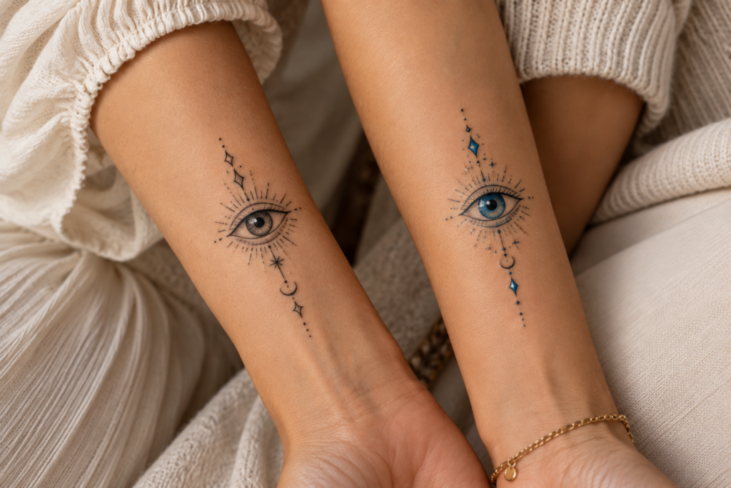 Black ink and blue color evil eye tattoo designs compared
