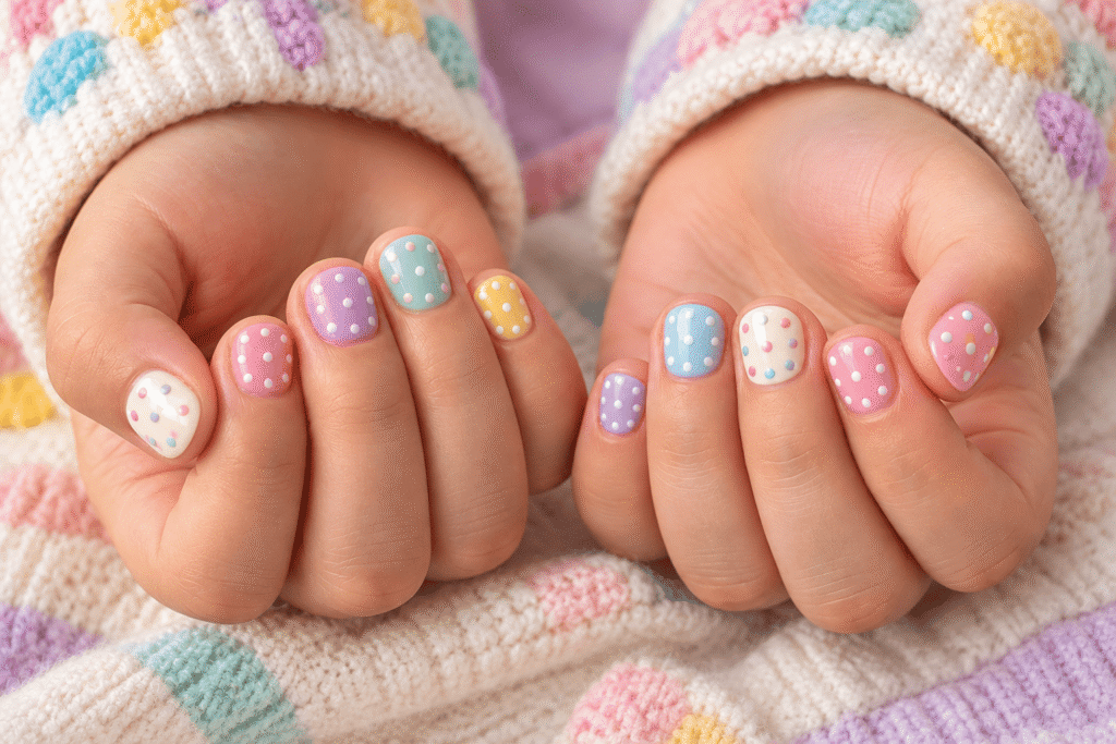 Colorful pastel polka dot nail designs for children
