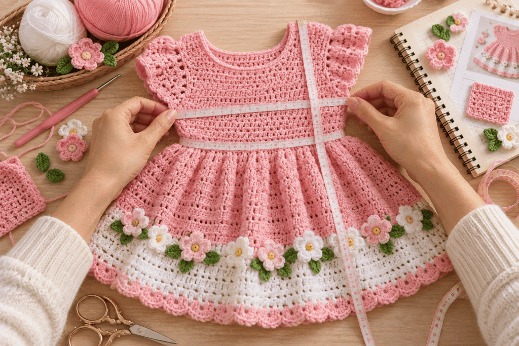 Measuring a pink crochet baby dress for the correct size