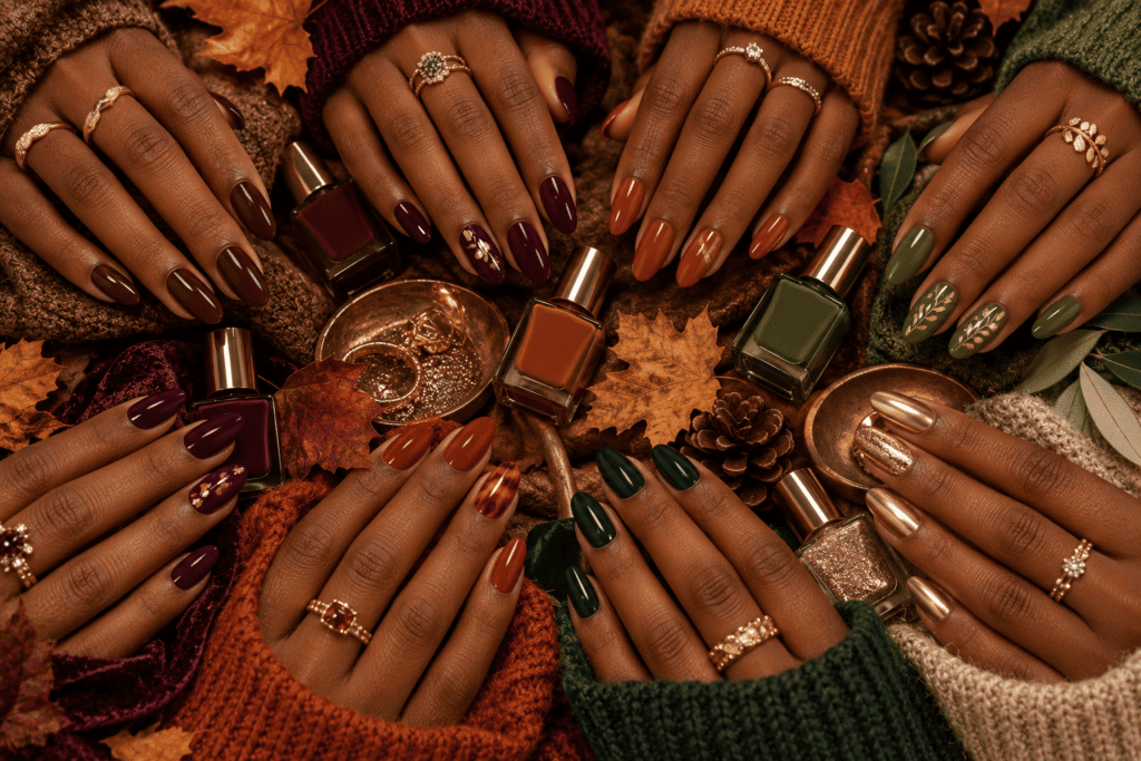 Fall nail color ideas for dark skin including brown, burgundy, terracotta and gold