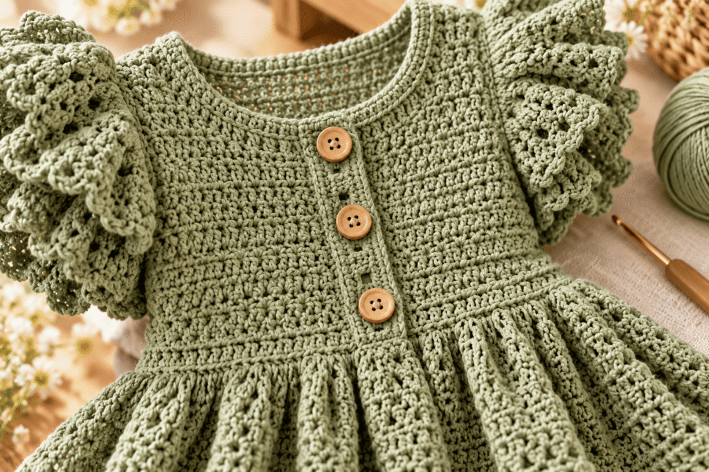 Sage green crochet button band with wooden buttons on a girl's dress