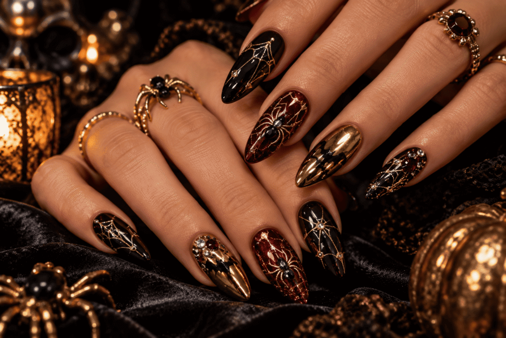 Glamorous Halloween manicure with black polish, gold chrome and rhinestone details