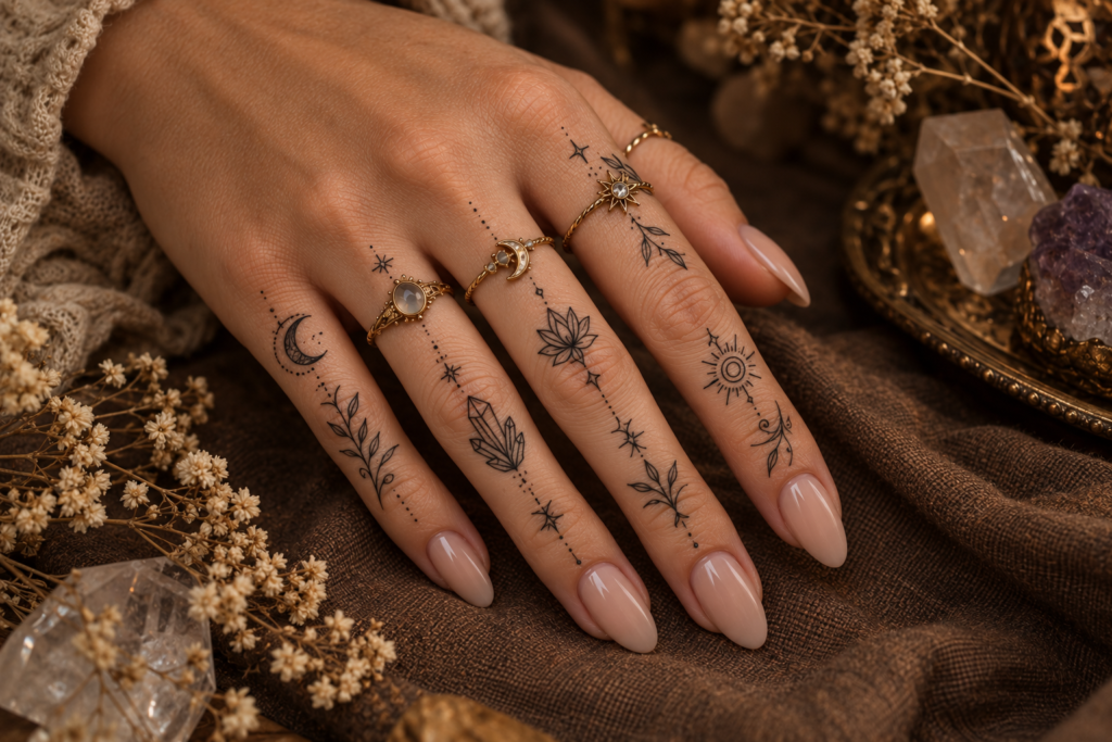 Small witchy tattoo placement ideas across the fingers and sides of the hand