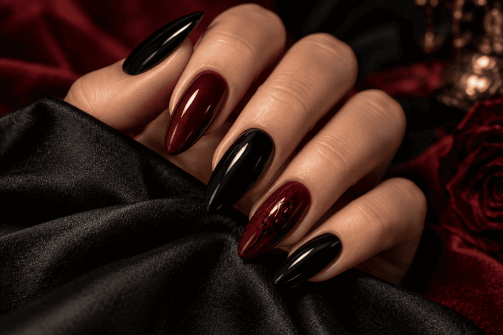 Gothic Halloween nails combining glossy black and deep burgundy red polish.