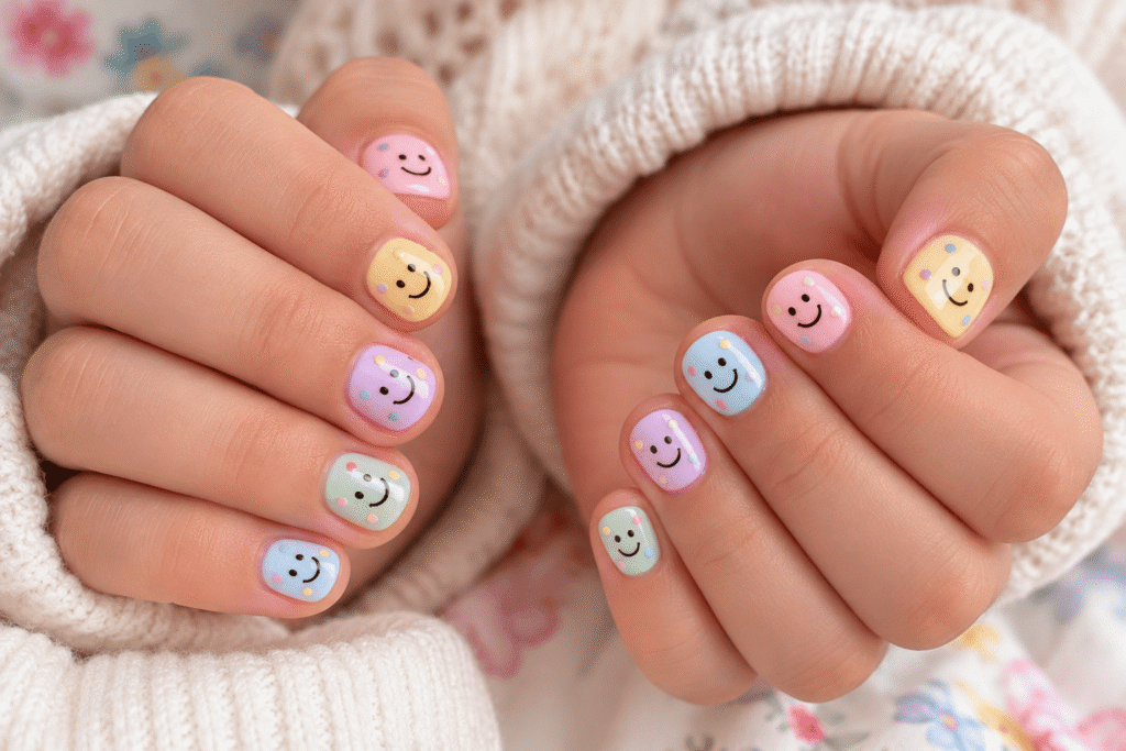 Colorful smiley face nail art on short children's nails