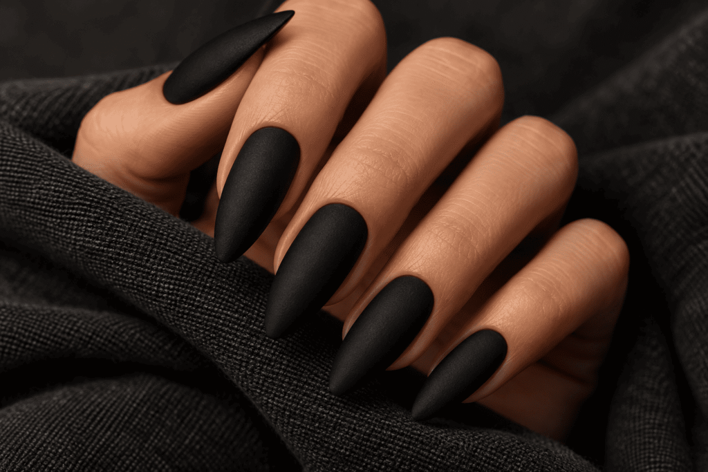 Matte black Halloween nails with a dramatic gothic finish and neatly shaped dark polish.