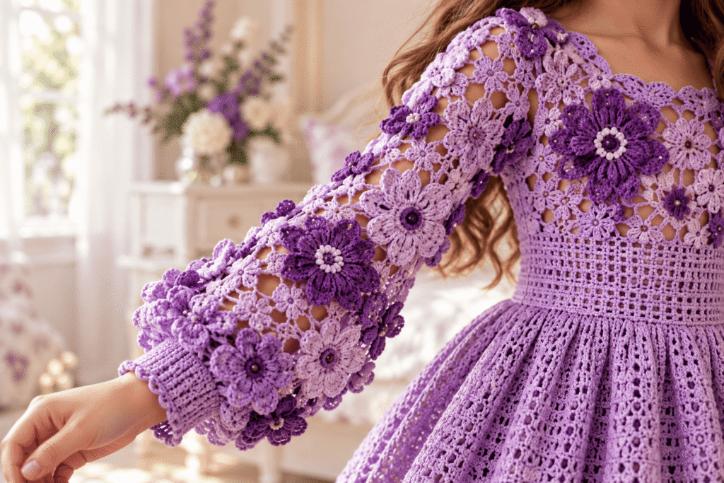Purple crochet dress skirt with floral motifs and scalloped handmade hem