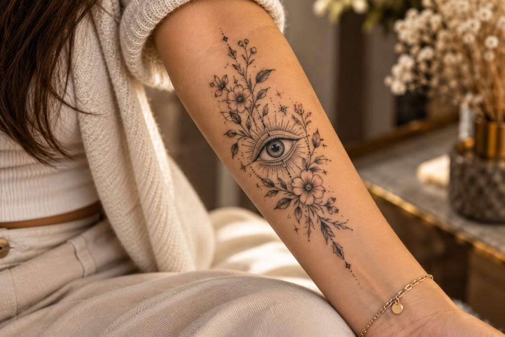 Fine-line evil eye tattoo surrounded by delicate flowers and leaves