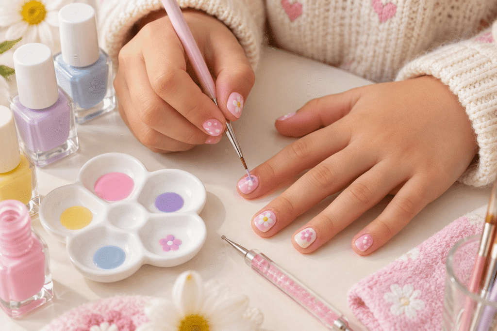 Simple DIY nail art tools and pastel designs for children's short nails