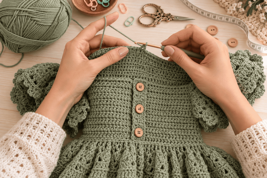 Hands crocheting the bodice of a sage green girl dress