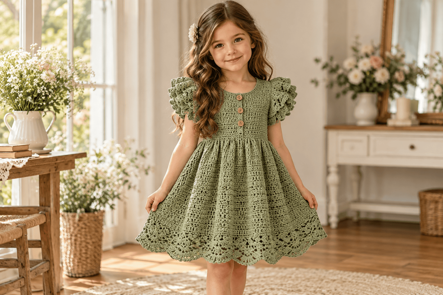 Green Crochet Puff-Sleeve Dress for Girls: Full Pattern, Step-by-Step Tutorial & Sizing Guide