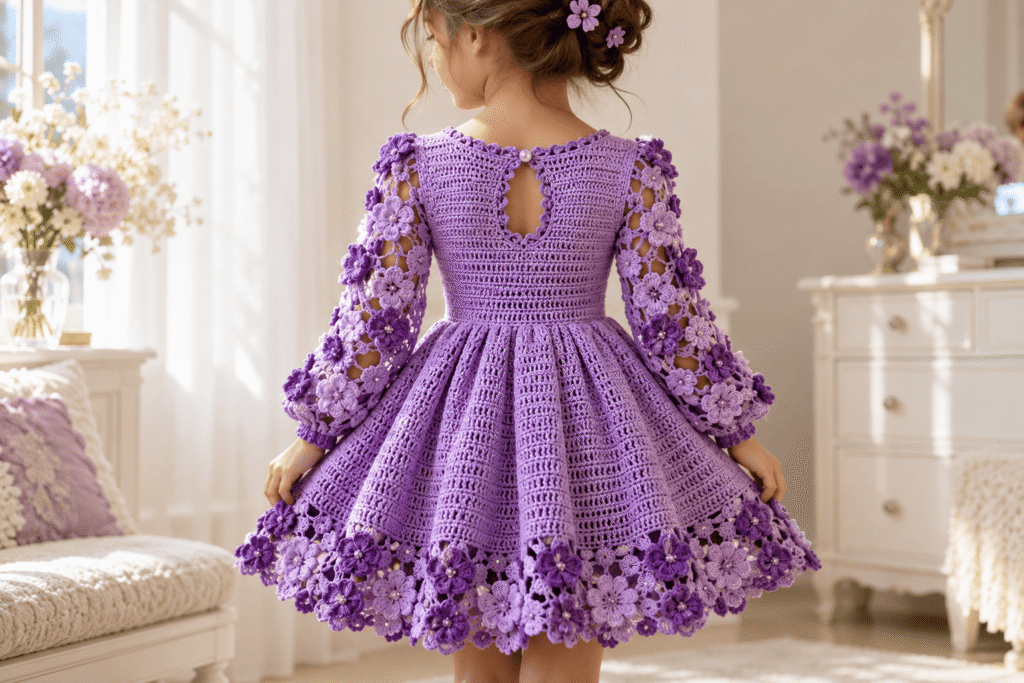 Close-up of purple crochet flower motifs used on a handmade girls dress