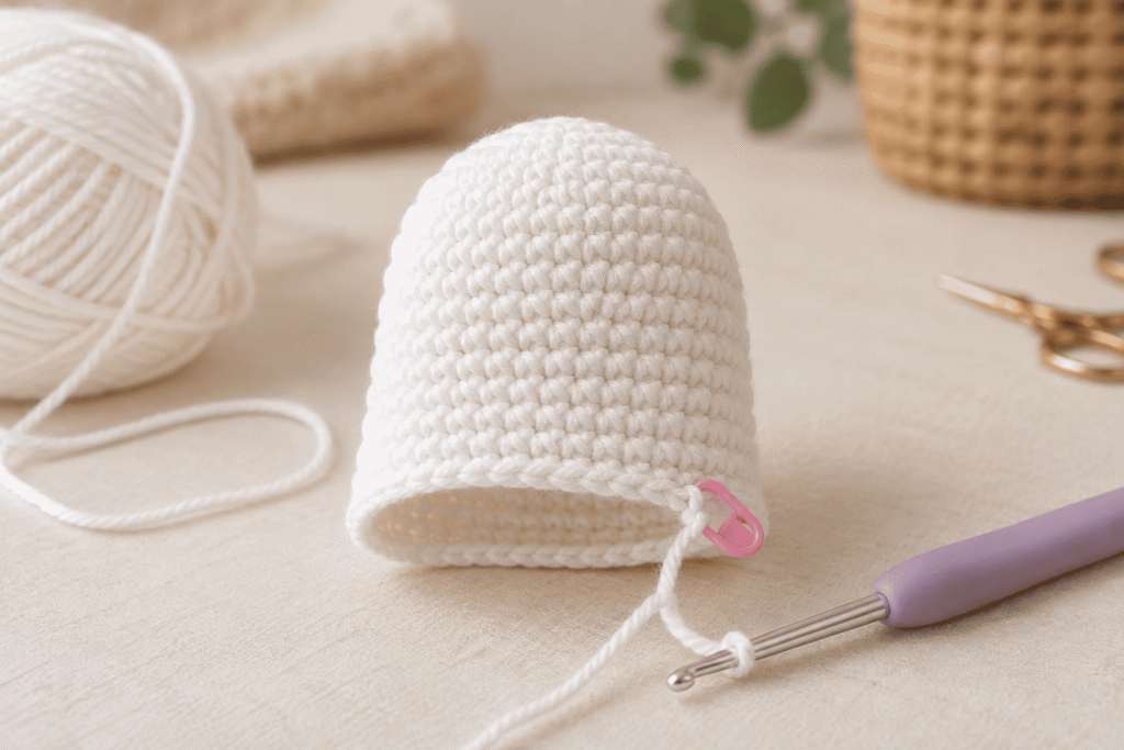 White crochet ghost body in progress showing the rounded head and growing amigurumi shape.