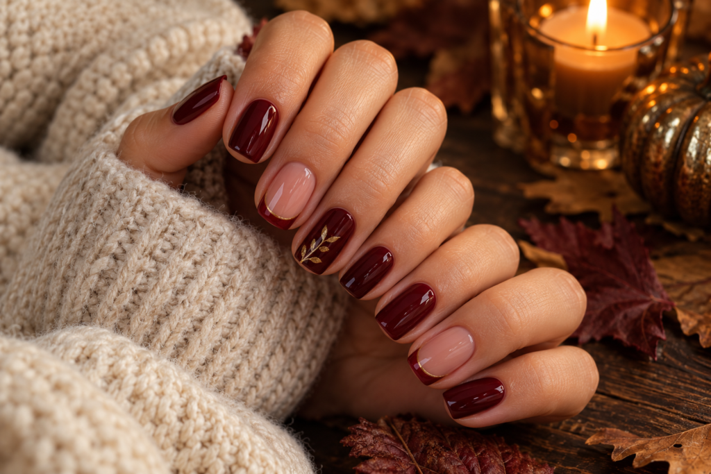 Glossy short burgundy and wine-red nails with subtle autumn details.