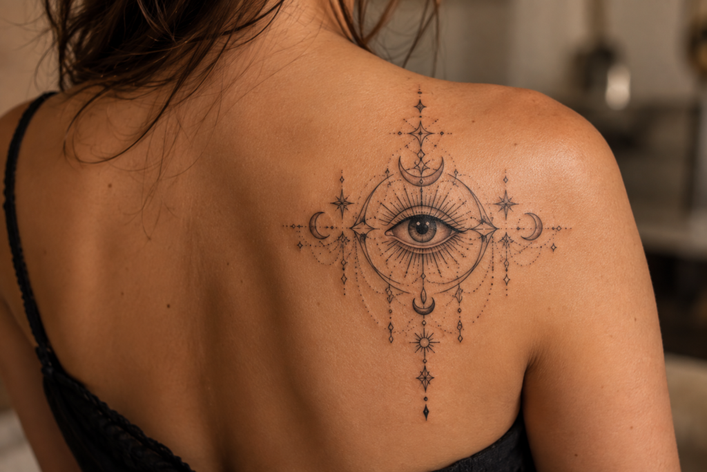 Symmetrical ornamental evil eye tattoo with geometric details