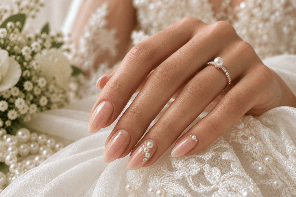 Nude bridal nails decorated with small pearl embellishments and a glossy finish.