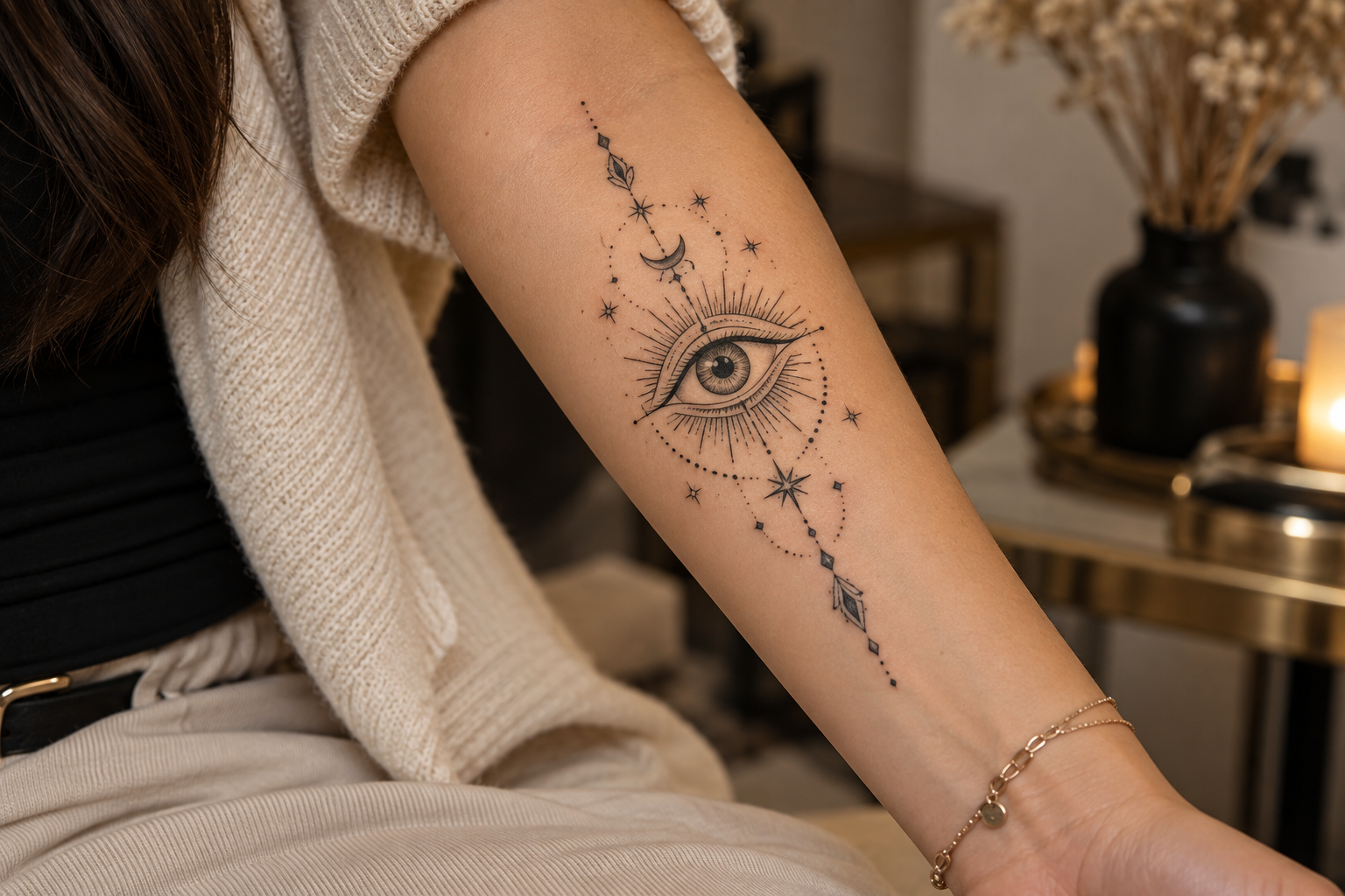 Elegant fine-line evil eye tattoo with celestial details on a forearm