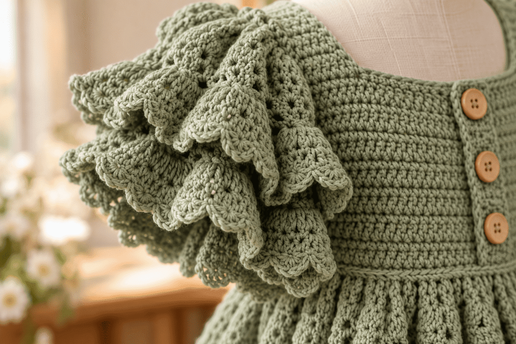 Close-up of layered crochet ruffles on a green puff sleeve