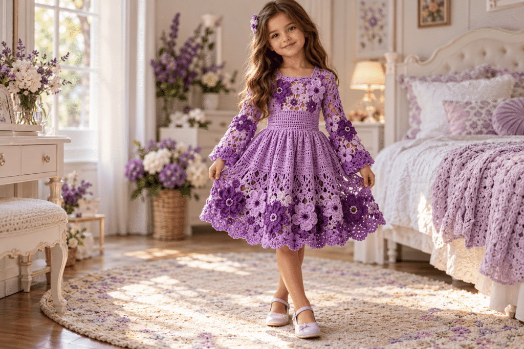 Front view of a handmade purple crochet dress with floral crochet sleeves and skirt
