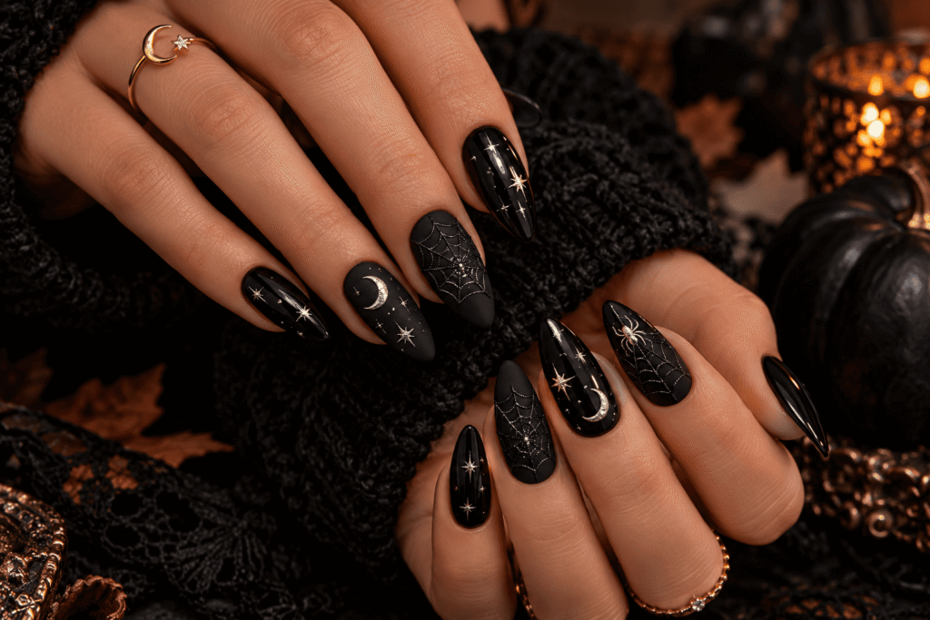 Glossy black Halloween manicure with subtle spooky nail art