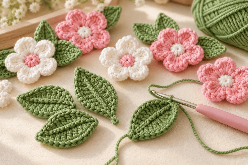 Crochet flowers and green leaves decorating the hem of a pink baby dress