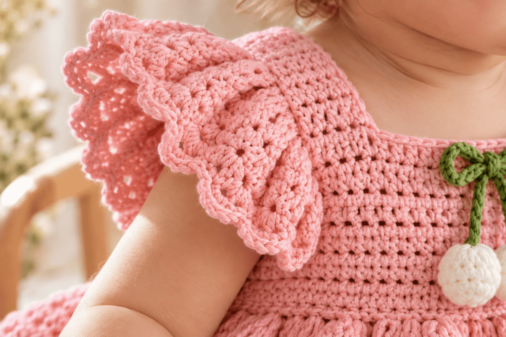 Pink crochet baby dress sleeve with delicate ruffled edging