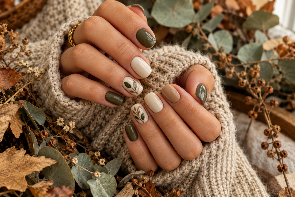 Short olive green and cream nails with minimalist autumn-inspired details.