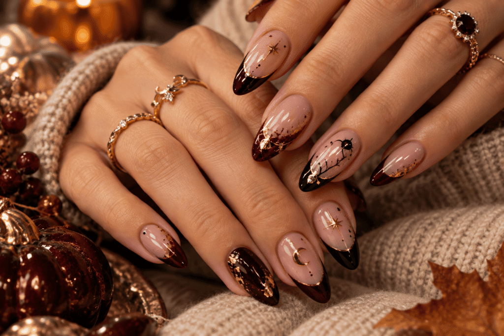 Elegant Halloween manicure with nude, burgundy and black minimalist nail art